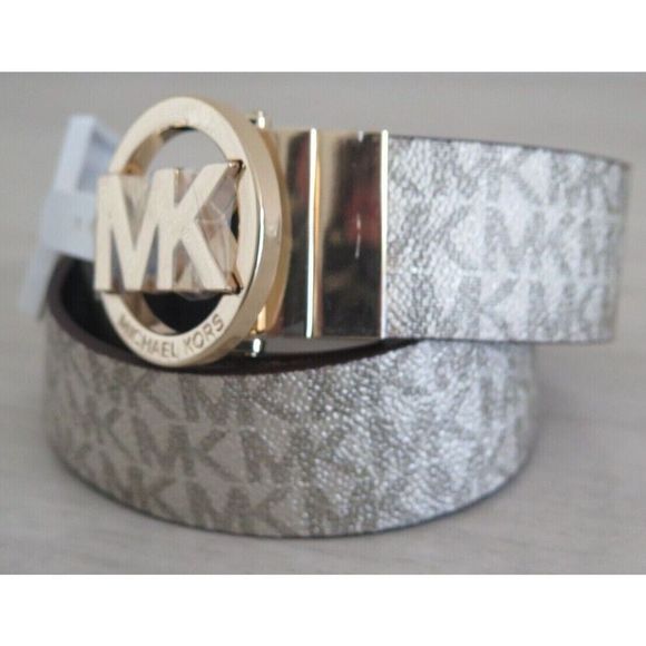 Michael Kors 556178C 715 Women Sz S Reversible Pale Gold/Chocolate Logo MK Belt - Picture 3 of 8